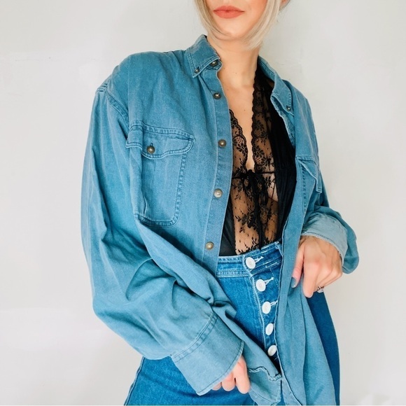 VINTAGE | Woven Chambray Oversized Slouchy Washed Out Faded Distressed Shirt Top - Picture 2 of 6